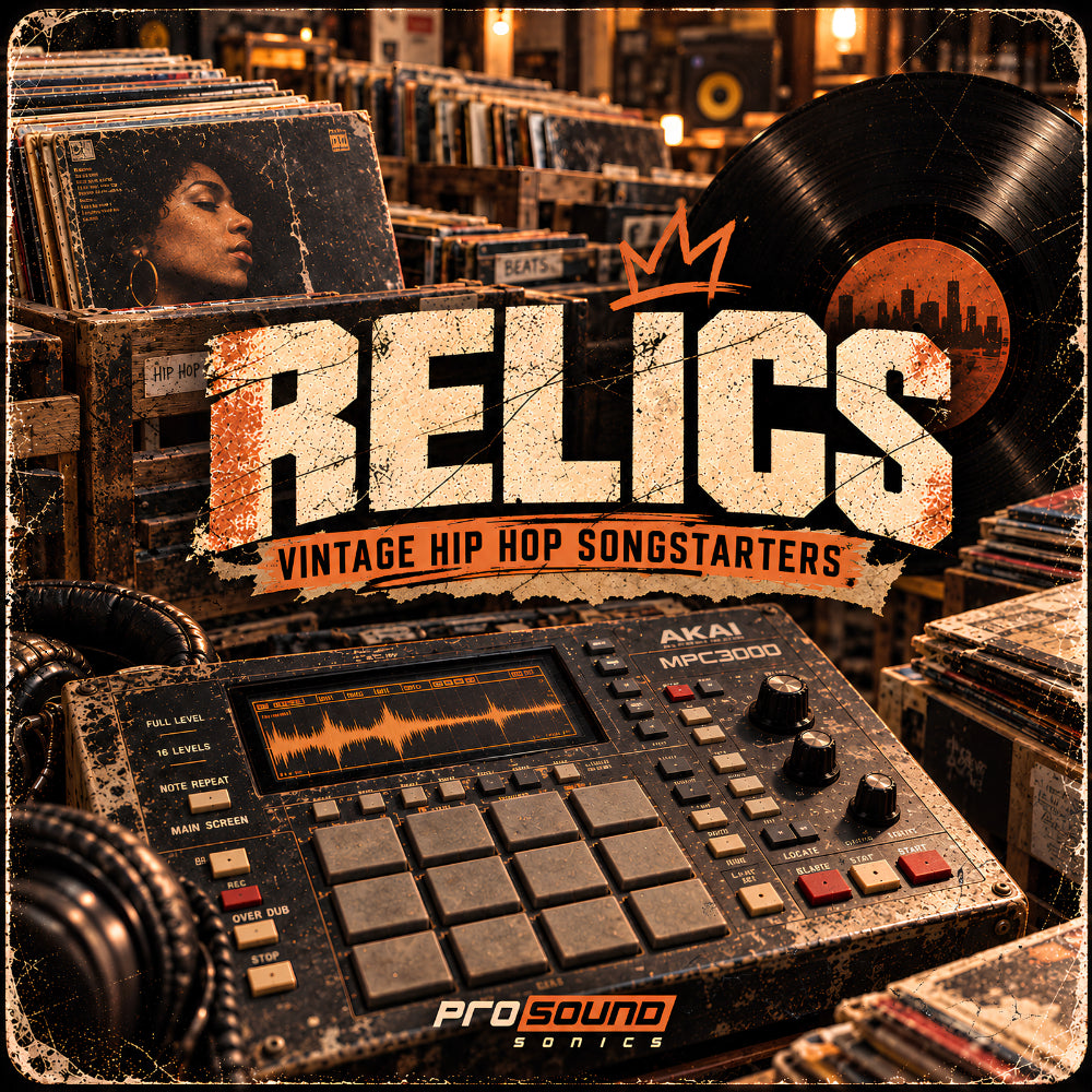 RELICS vintage hip hop sample pack by Prosound Sonics featuring 30 songstarters, stems and MIDI